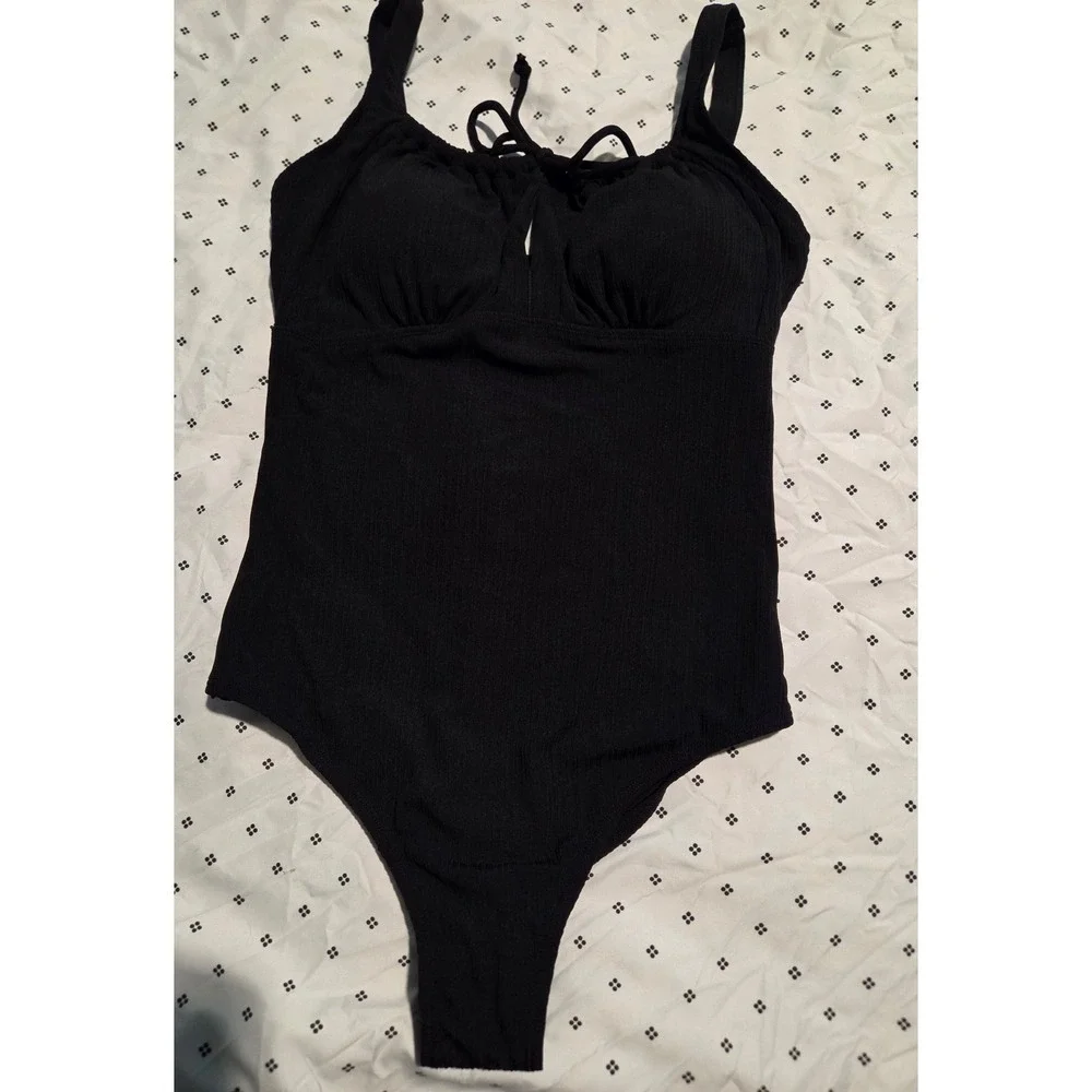Black‎ Ribbed Tie Front Keyhole One Piece Swimsuit Womens Large